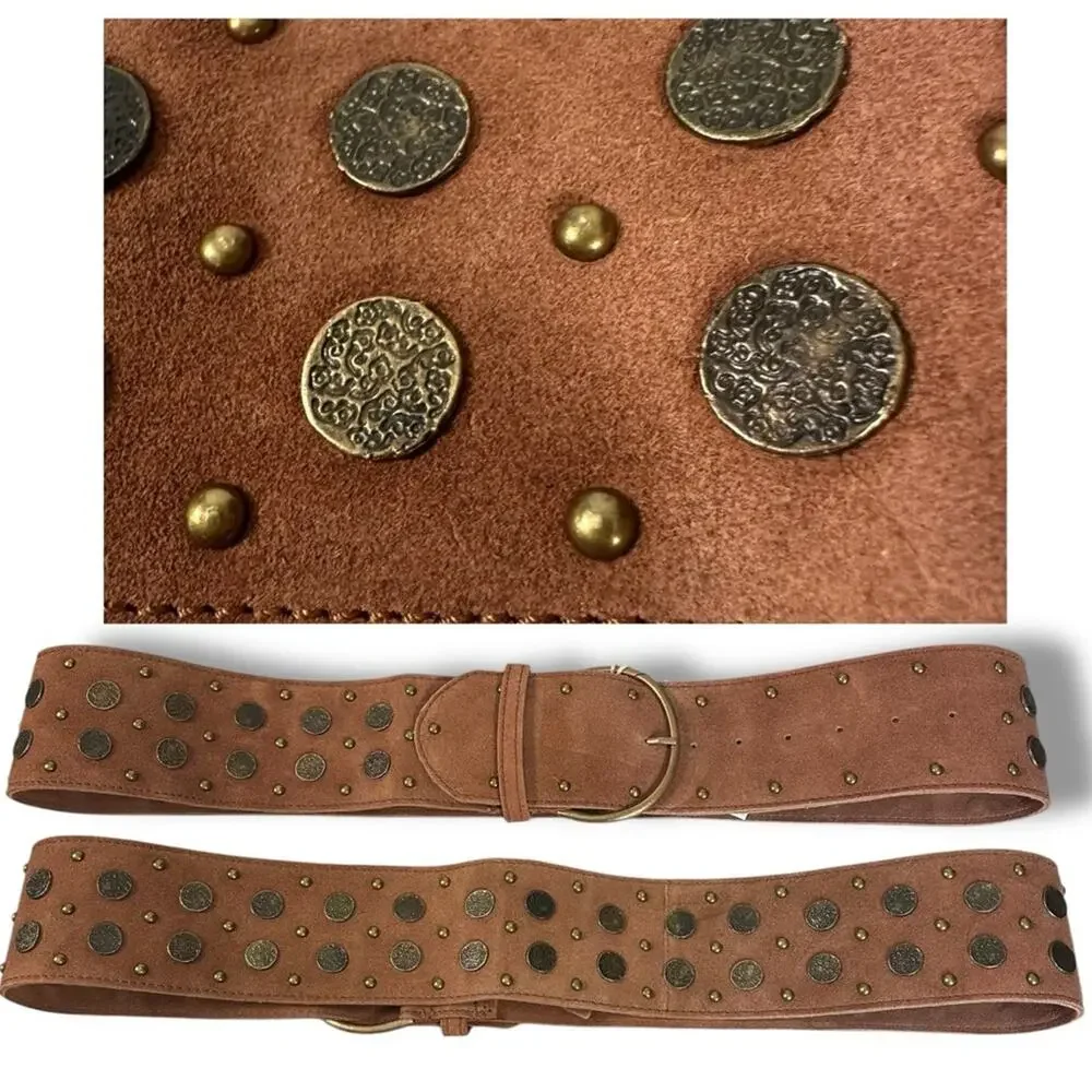 Free People Bohemian Brown Leather Suede Studded Honeydew Hip Belt Medium Large